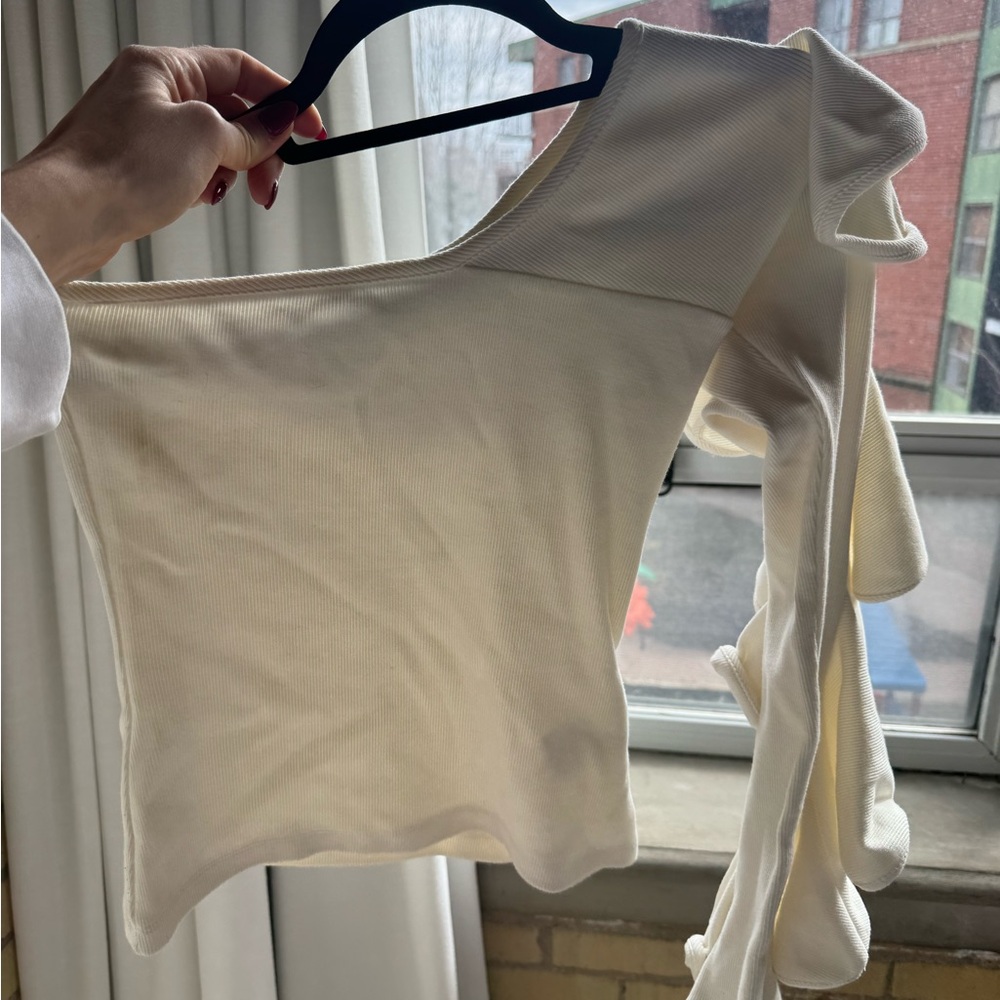 beaufille Cream One-Shoulder Ruffle Sleeve Top